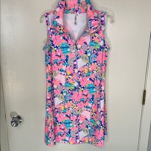 Lulu-B pickleball dress in pink, blue, yellow & white, size M